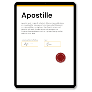 Apostille av Notarius Publicus, med officiell Apostille-stämpel, som används vid utfärdande av Apostille enligt internationell standard – tjänst tillgänglig via Apostille24.se.