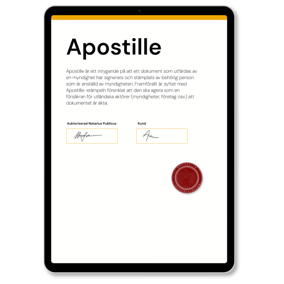 Apostille av Notarius Publicus, med officiell Apostille-stämpel, som används vid utfärdande av Apostille enligt internationell standard – tjänst tillgänglig via Apostille24.se.