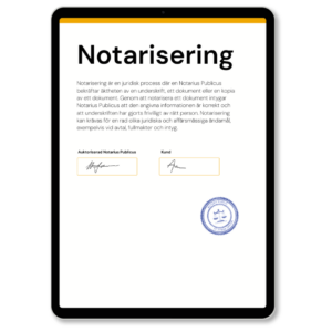 Notarisering av Notarius Publicus, med officiell stämpel, som används vid utfärdande av Notarisering och Apostille enligt internationell standard – tjänst tillgänglig via Apostille24.se.
