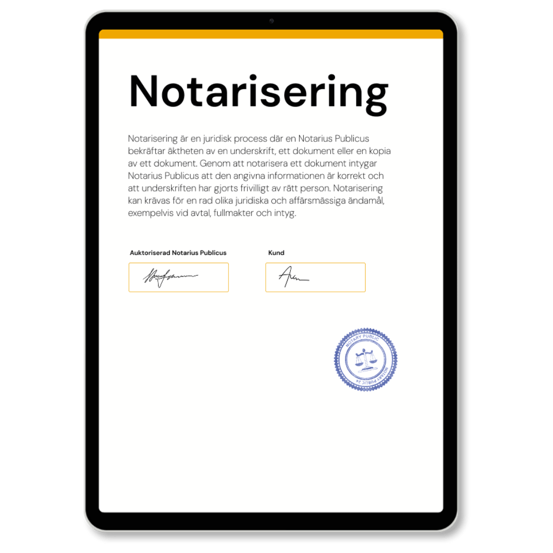 Notarisering av Notarius Publicus, med officiell stämpel, som används vid utfärdande av Notarisering och Apostille enligt internationell standard – tjänst tillgänglig via Apostille24.se.