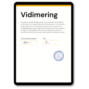 Digitalt exempel på ett vidimering undertecknat av Notarius Publicus och kund, med officiell stämpel, som används vid utfärdande av Apostille enligt internationell standard – tjänst tillgänglig via Apostille24.se.