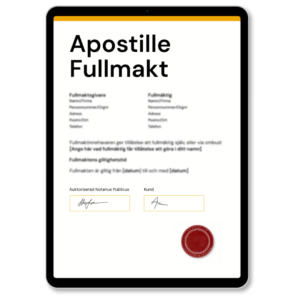 Apostille Fullmakt av Notarius Publicus, med officiell Apostille-stämpel, som används vid utfärdande av Apostille på fullmakt enligt internationell standard – tjänst tillgänglig via Apostille24.se.