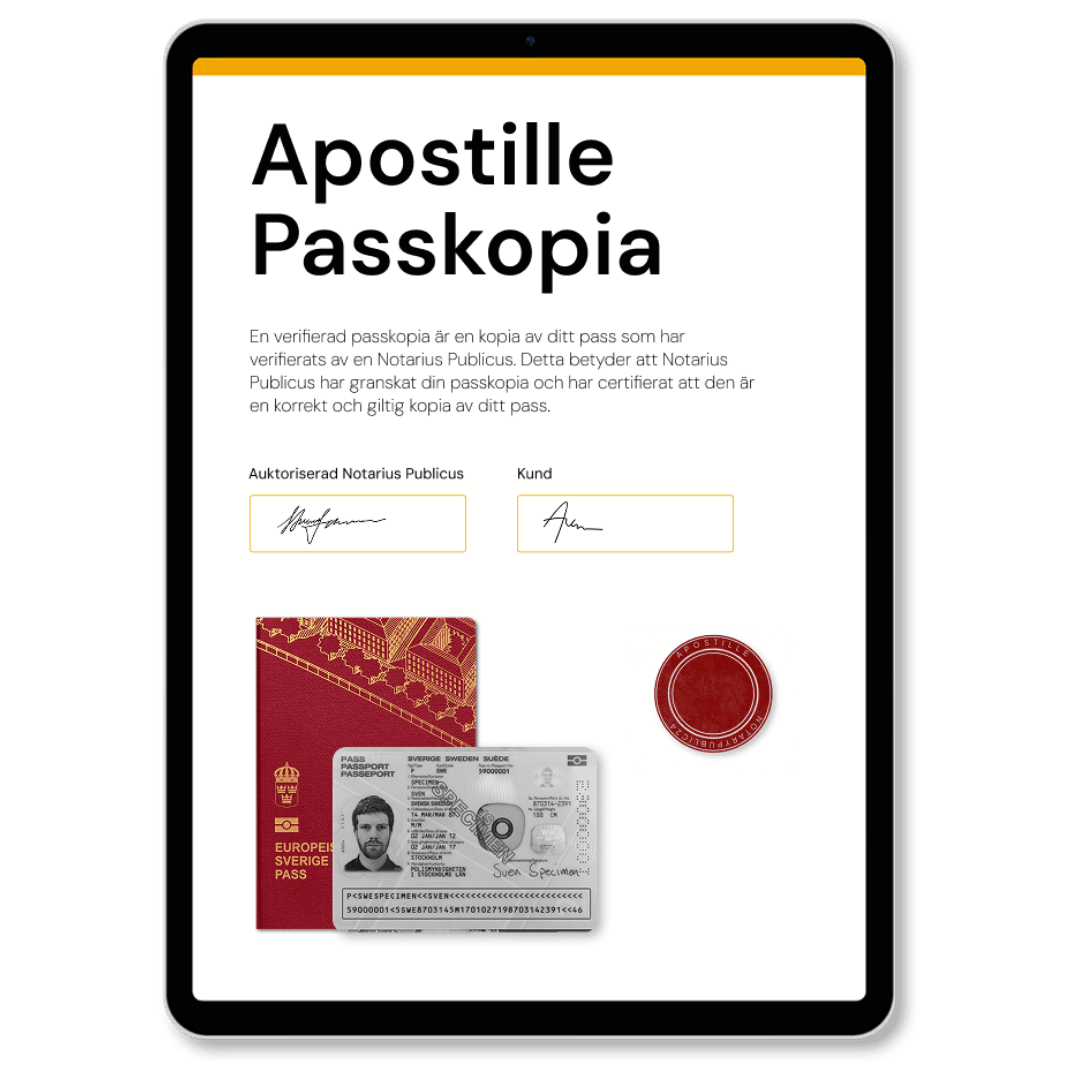 Apostille Passkopia av Notarius Publicus, med officiell Apostille-stämpel, som används vid utfärdande av Apostille på passkopia enligt internationell standard – tjänst tillgänglig via Apostille24.se.