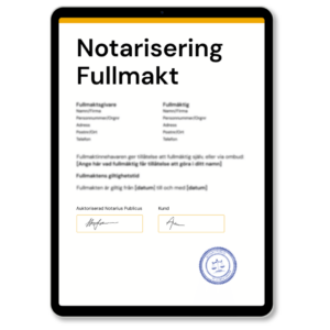 Notarisering Fullmakt av Notarius Publicus, med officiell stämpel, som används vid utfärdande av notarisering av fullmakt enligt internationell standard – tjänst tillgänglig via Apostille24.se.