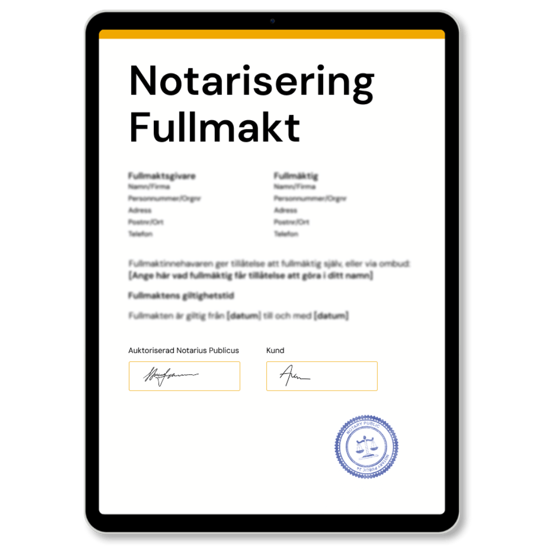 Notarisering Fullmakt av Notarius Publicus, med officiell stämpel, som används vid utfärdande av notarisering av fullmakt enligt internationell standard – tjänst tillgänglig via Apostille24.se.