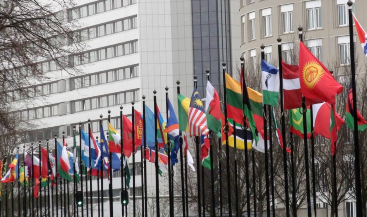 Nationella flaggor utanför internationell byggnad – Haagkonventionens roll i legalisering av dokument för användning mellan länder förklaras av Apostille24.se