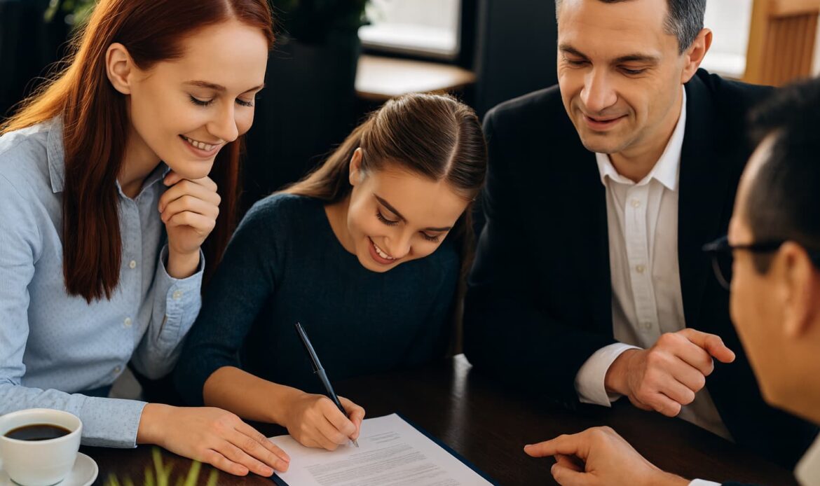 Familj undertecknar adoptionshandlingar tillsammans med Notarius Publicus – symbol för juridisk trygghet och dokumentverifiering vid adoption.