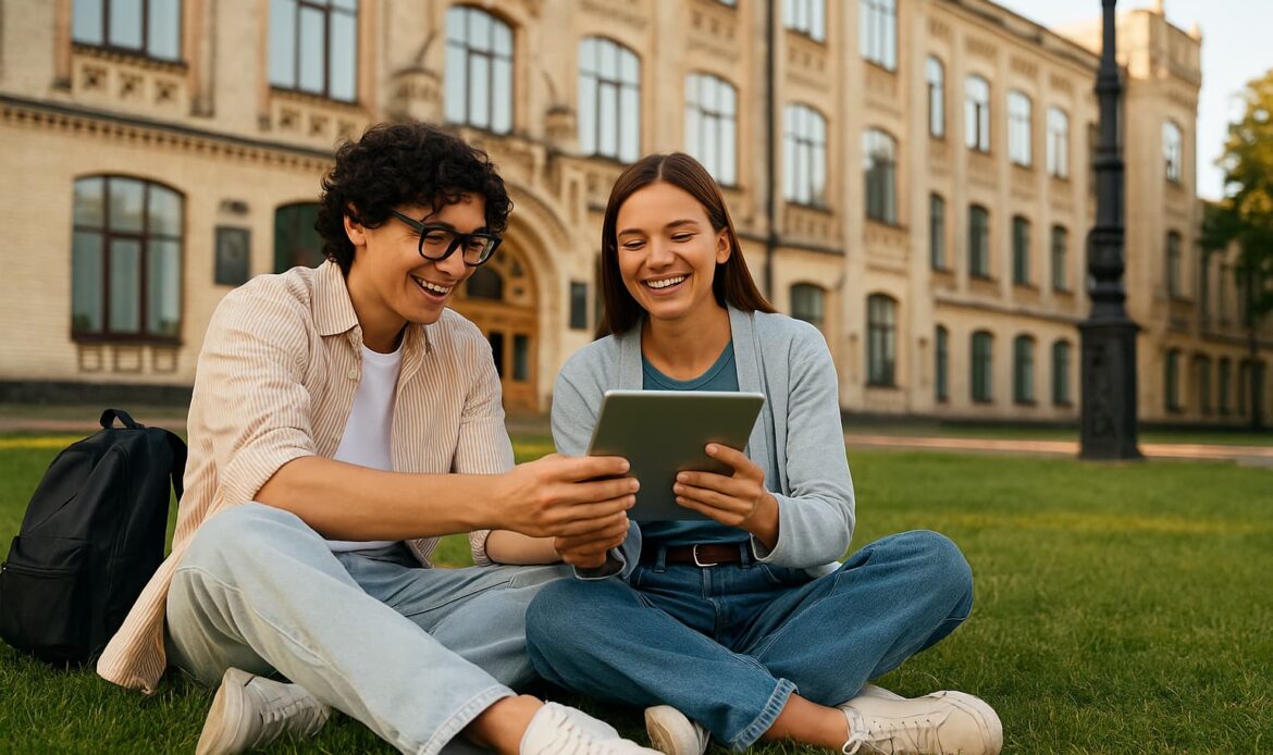 Två studenter framför en universitetsbyggnad tittar på en surfplatta – Apostille för studier utomlands via Apostille24.