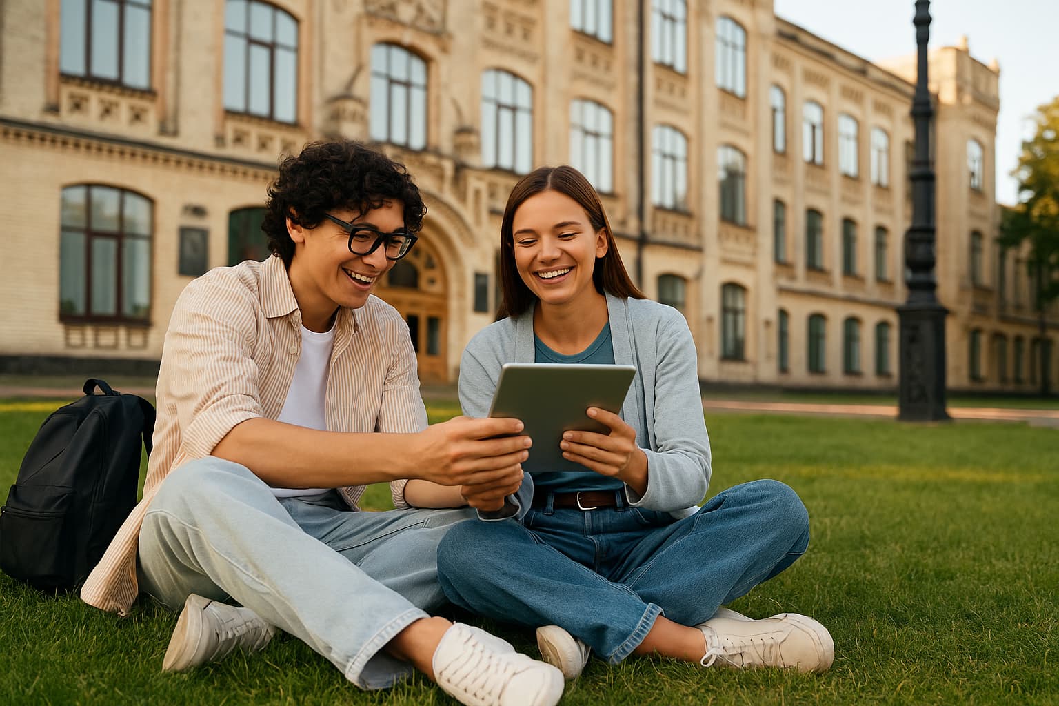Två studenter framför en universitetsbyggnad tittar på en surfplatta – Apostille för studier utomlands via Apostille24.
