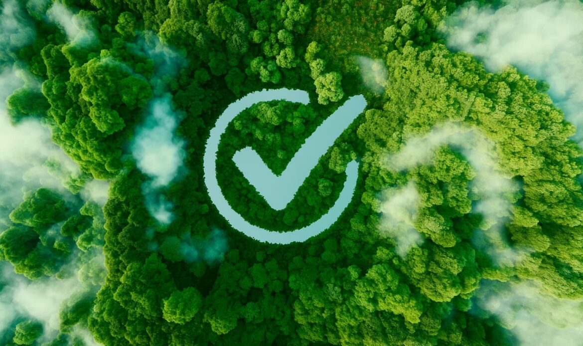 Flygfoto av grön skog med en check-symbol som symboliserar hållbarhet – illustration för artikeln Digitala Apostille-tjänster och miljöpåverkan av Apostille24.