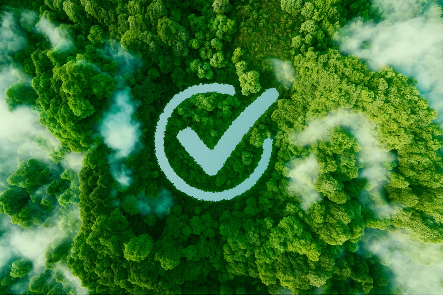 Flygfoto av grön skog med en check-symbol som symboliserar hållbarhet – illustration för artikeln Digitala Apostille-tjänster och miljöpåverkan av Apostille24.