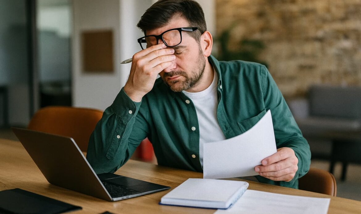 Stressad person som granskar dokument framför laptop – illustration för artikeln om vanliga misstag vid Apostille och notarisering från Apostille24.