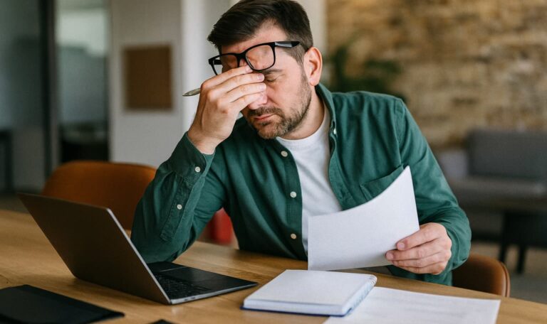 Stressad person som granskar dokument framför laptop – illustration för artikeln om vanliga misstag vid Apostille och notarisering från Apostille24.